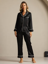 [Noir] SilkSilky-FR Manches longues Col Cranté Femme Pyjamas 003