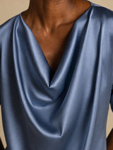 [Bleu Canard Véritable] SilkSilky-FR Short Sleeve Cowl Neck Blouse 003