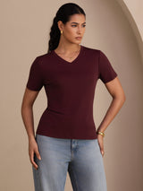 [Rouge Vineux] SilkSilky-FR Short Sleeve V Neck Femme T-Shirt 001
