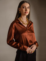 [Caramel] SilkSilky-FR Long Sleeve Lapel Collar Femme Chemise 004