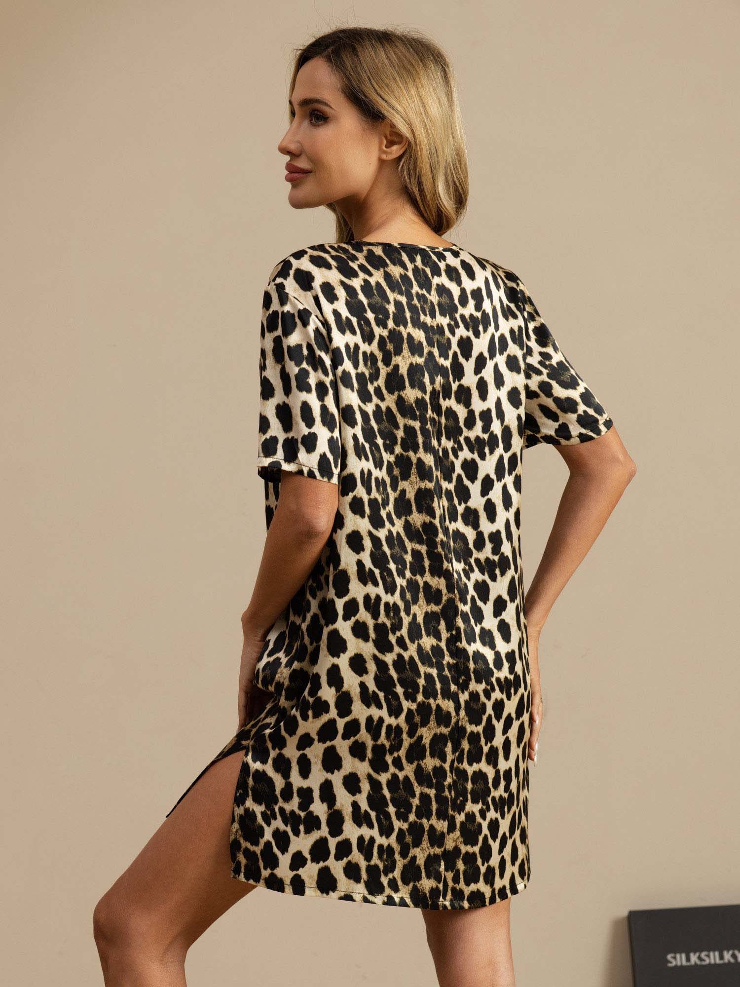 [Leopard] SilkSilky-FR Half Sleeve V Neck Chemises de nuit 002