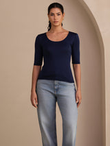 [Bleu Foncé] SilkSilky-FR Half Sleeve Femme T-Shirt 003