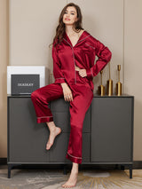 [Rouge Foncé] SilkSilky-FR Long Sleeve Lapel Collar Femme Pyjamas 002