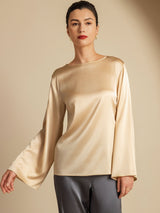 [Champagne] SilkSilky-FR Long Sleeve Boat Neck Blouse 001