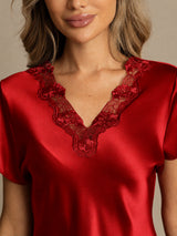 [Rouge Foncé] SilkSilky-FR Short Sleeve V Neck Chemises de nuit 004