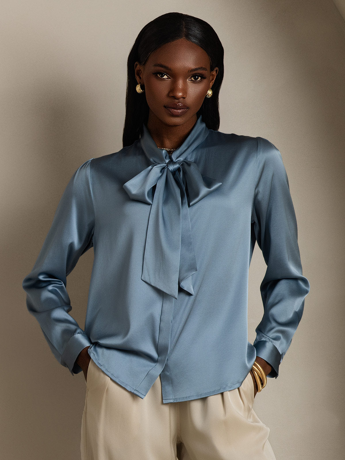 [Bleu Grisâtre] SilkSilky-FR 19Momme Manches longues À Nouer Blouse 001