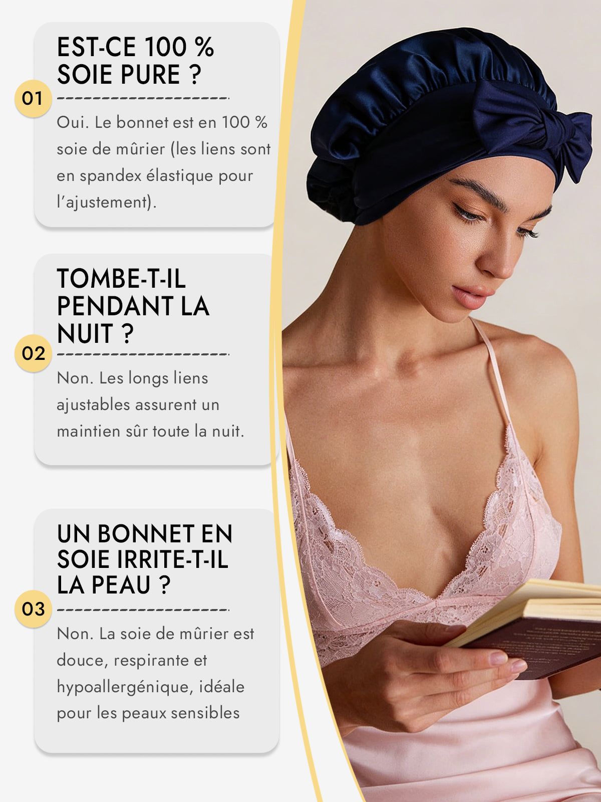 [Bleu Foncé] SilkSilky-FR Soie Sleep Cap 006