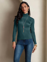 [Vert Foncé] SilkSilky-FR Manches longues Col Roulé Femme T-Shirt 004