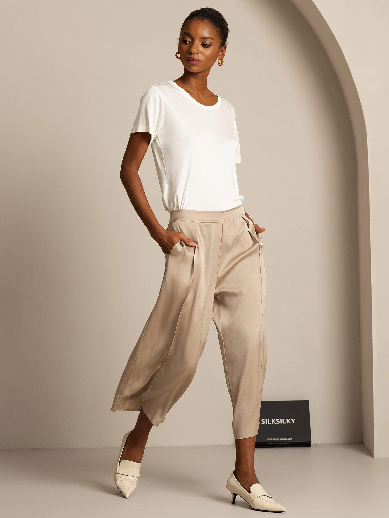 [Blanc] SilkSilky-FR Soie Tricotée Col Rond Femme T-Shirt 007