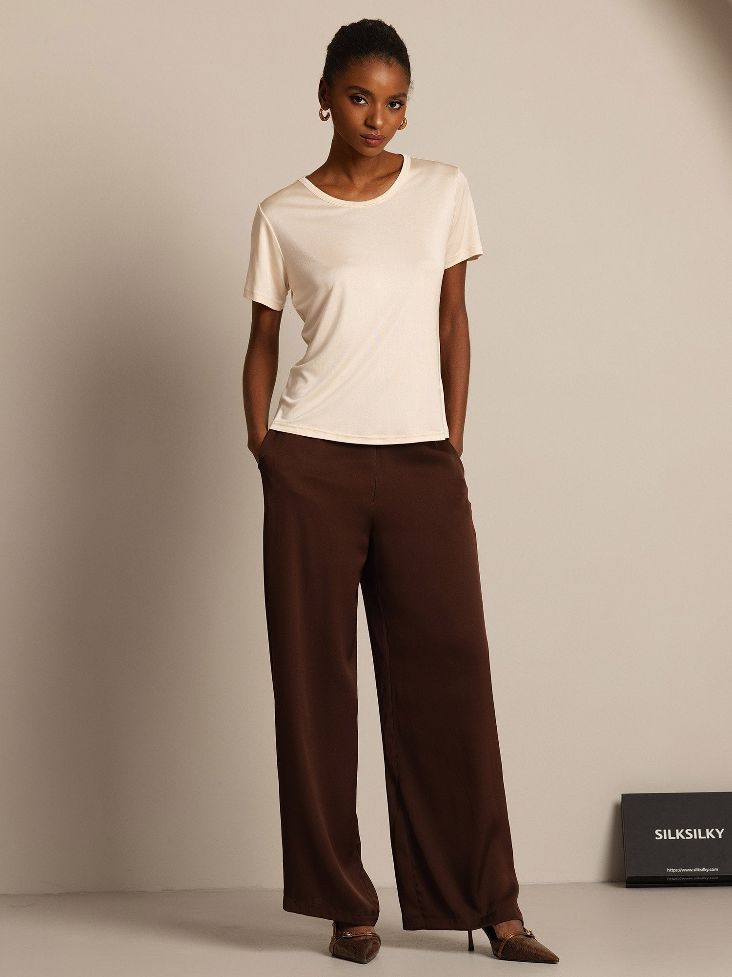 [Beige] SilkSilky-FR Soie Tricotée Col Rond Femme T-Shirt 005