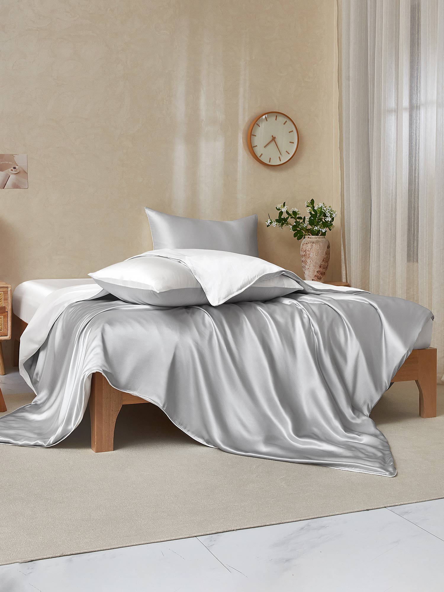 [GrisClair+Blanc] SilkSilky-FR 22Momme Pure Soie Bedding Set 002,