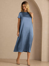 [Bleu Canard Véritable] SilkSilky-FR Short Sleeve Crew Neck Robes 006