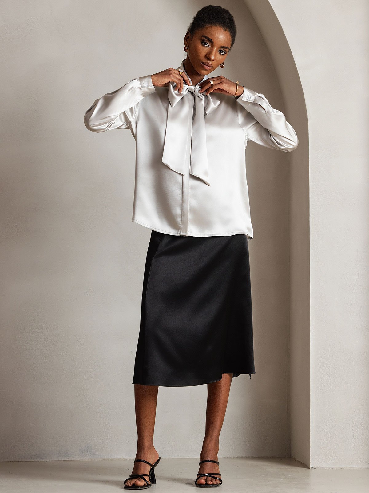 [Gris Clair] SilkSilky-FR 19Momme Manches longues À Nouer Blouse 005