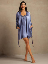 [Bleu Acier] SilkSilky-FR 3/4 Sleeve V Neck Peignoir&Robe de Chambre 008