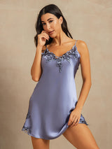 [Bleu Acier] SilkSilky-FR Sleeveless V Neck Chemises de nuit 001