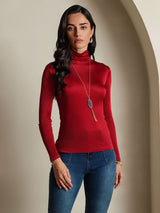 [Rouge Vineux] SilkSilky-FR Manches longues Col Roulé Femme T-Shirt 003