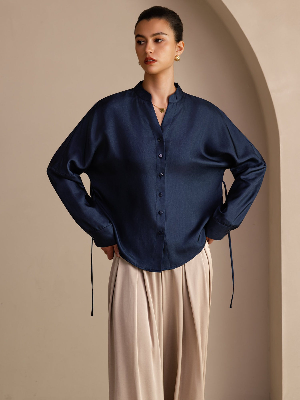 [Bleu Foncé] SilkSilky-FR Long Sleeve Blouse 001