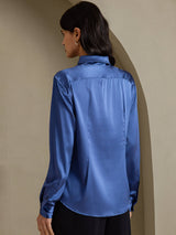 [Bleu Canard Véritable] SilkSilky-FR Long Sleeve Lapel Collar Femme Chemise 002