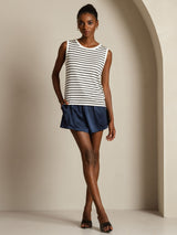 [Rayure Blanche] SilkSilky-FR Sleeveless Round Neck Top À Fines Brides 007