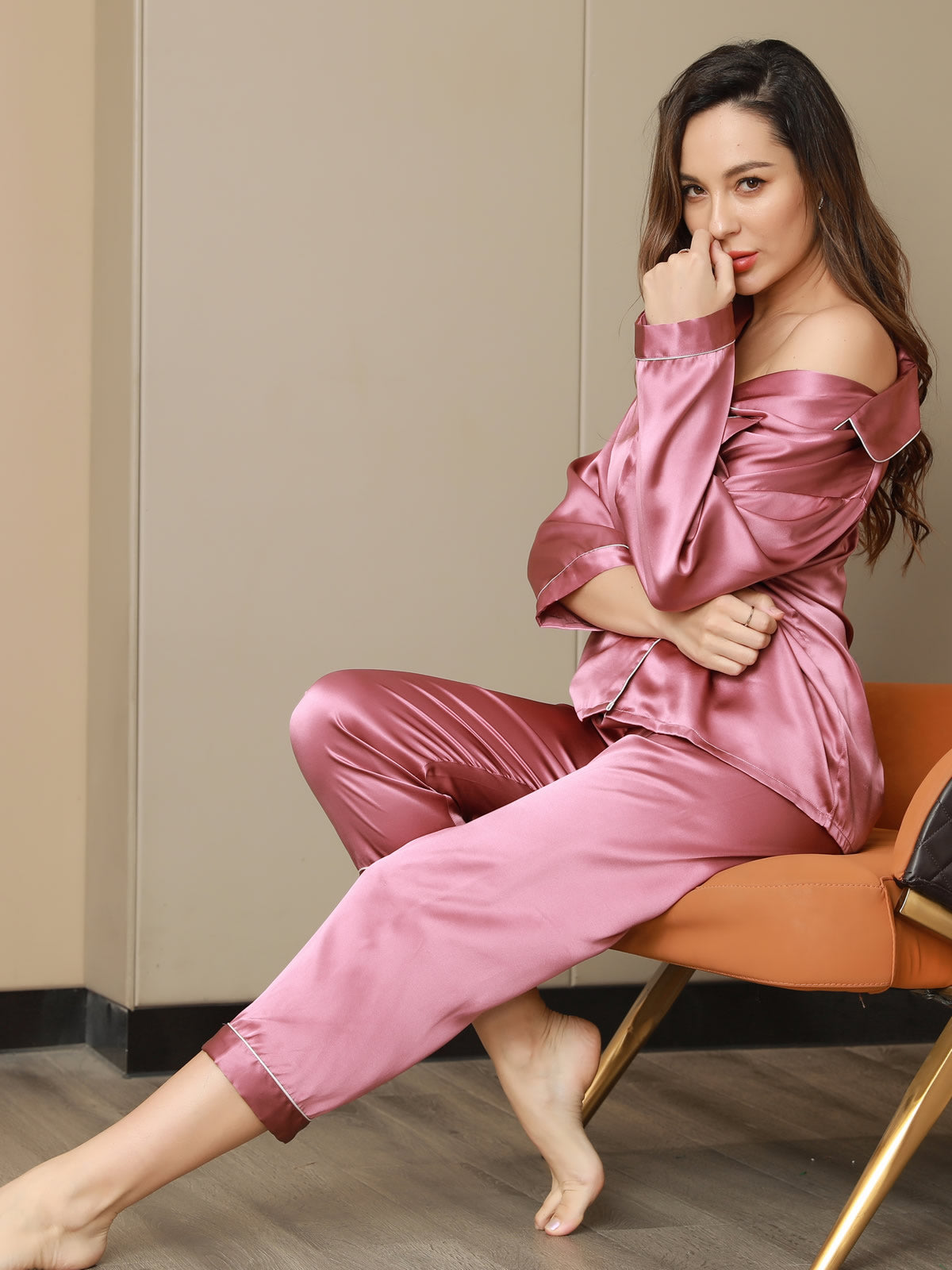 [Mauve Pâle] SilkSilky-FR Manches longues Col Cranté Femme Pyjamas 001