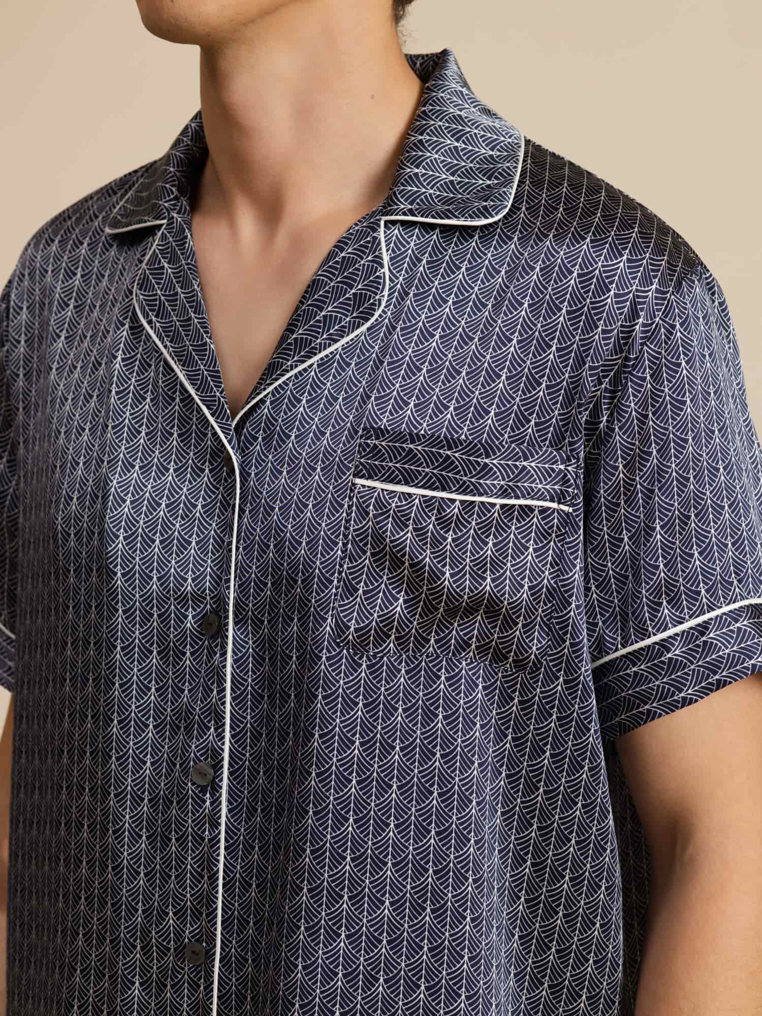 [Ginkgo Marine] SilkSilky-FR Manches courtes Col Cranté Homme Pyjamas 009