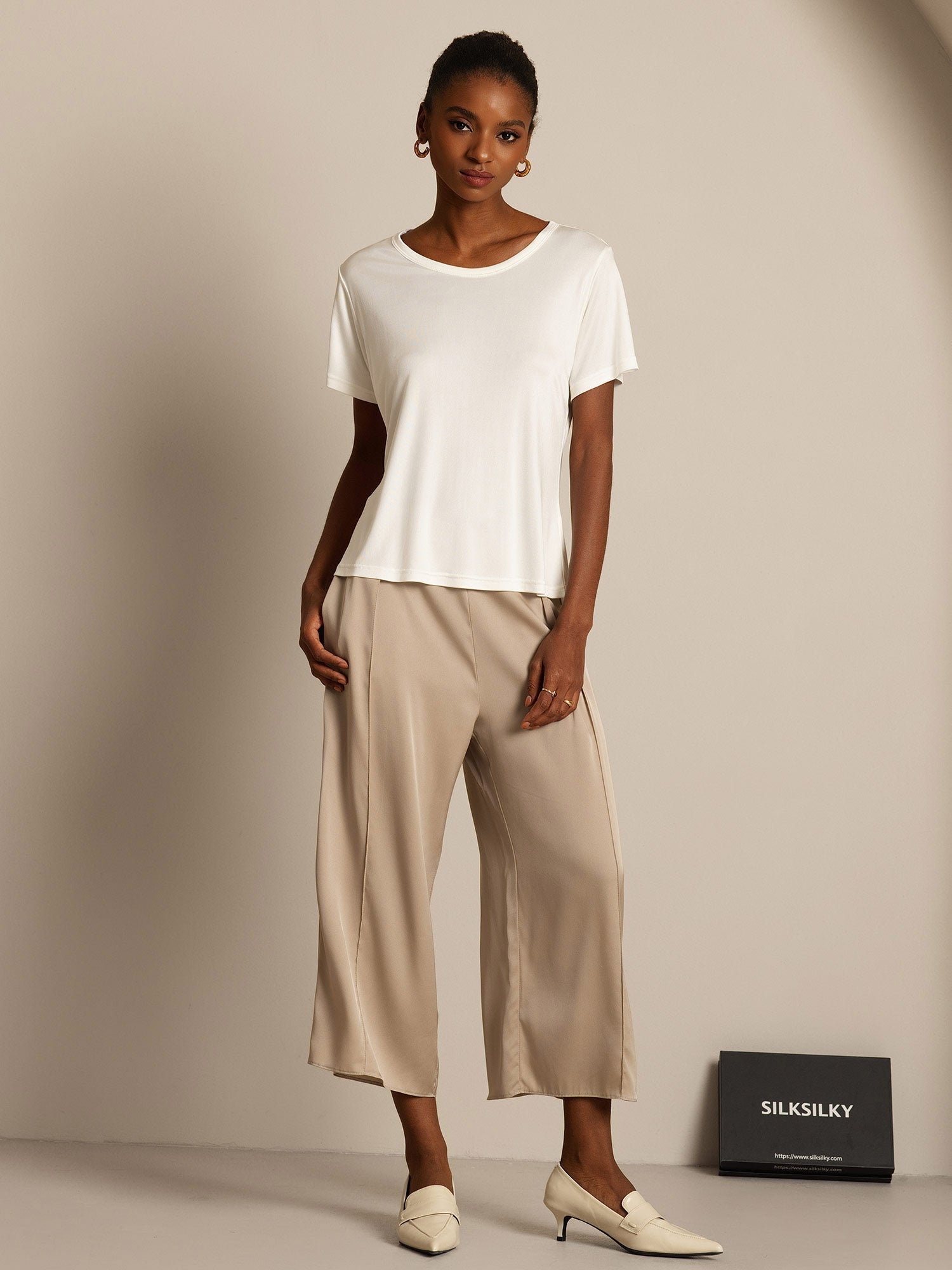 [Blanc] SilkSilky-FR Soie Tricotée Col Rond Femme T-Shirt 006