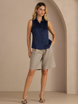 [Bleu Foncé] SilkSilky-FR Sleeveless Lapel Collar Femme Chemise 007