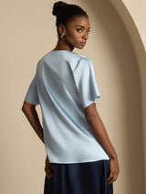 [Bleu Grisâtre] SilkSilky-FR Short Sleeve Cowl Neck Blouse 002