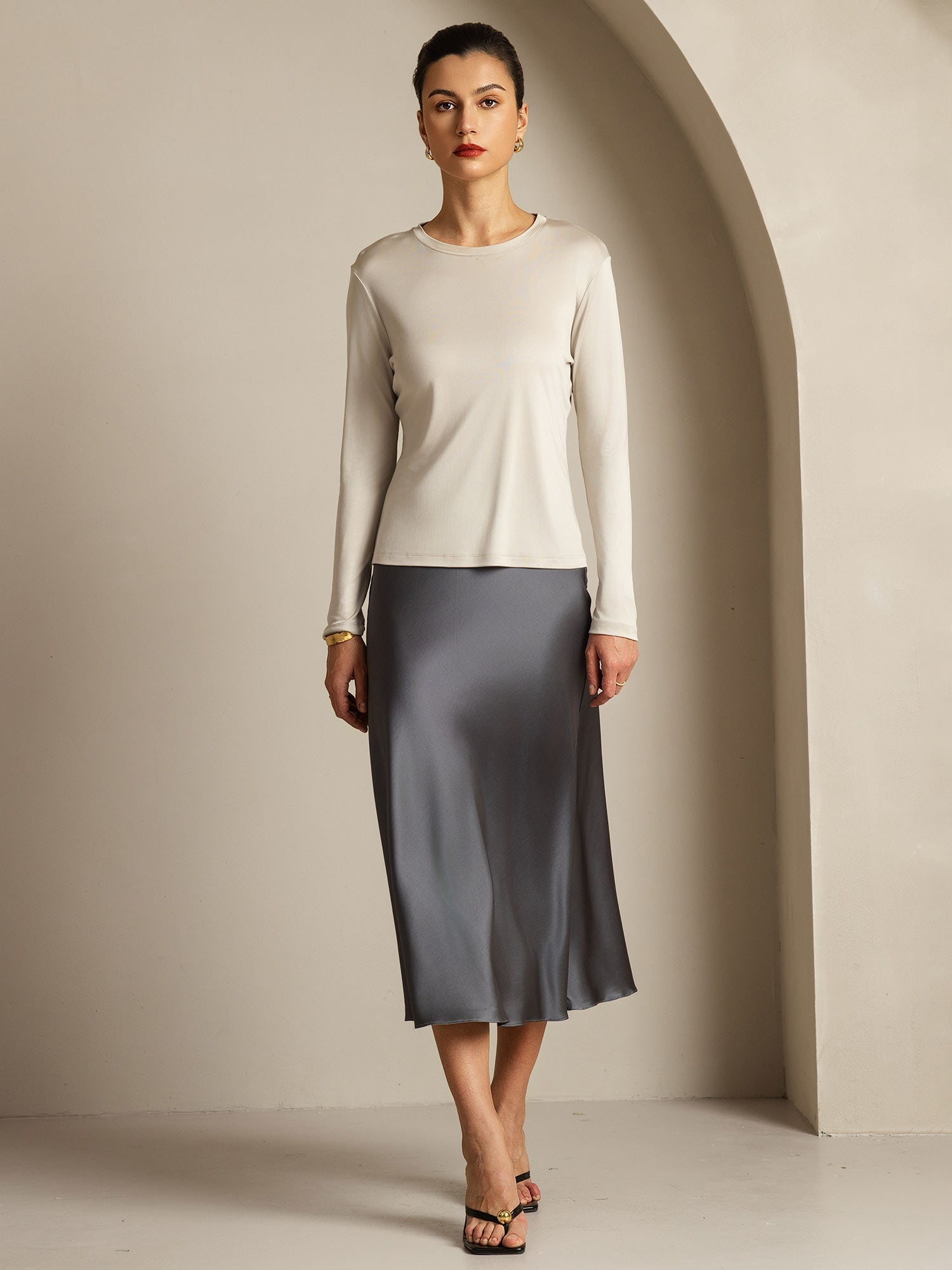 [Gris] SilkSilky-FR Soie Womens T-Shirt 007,