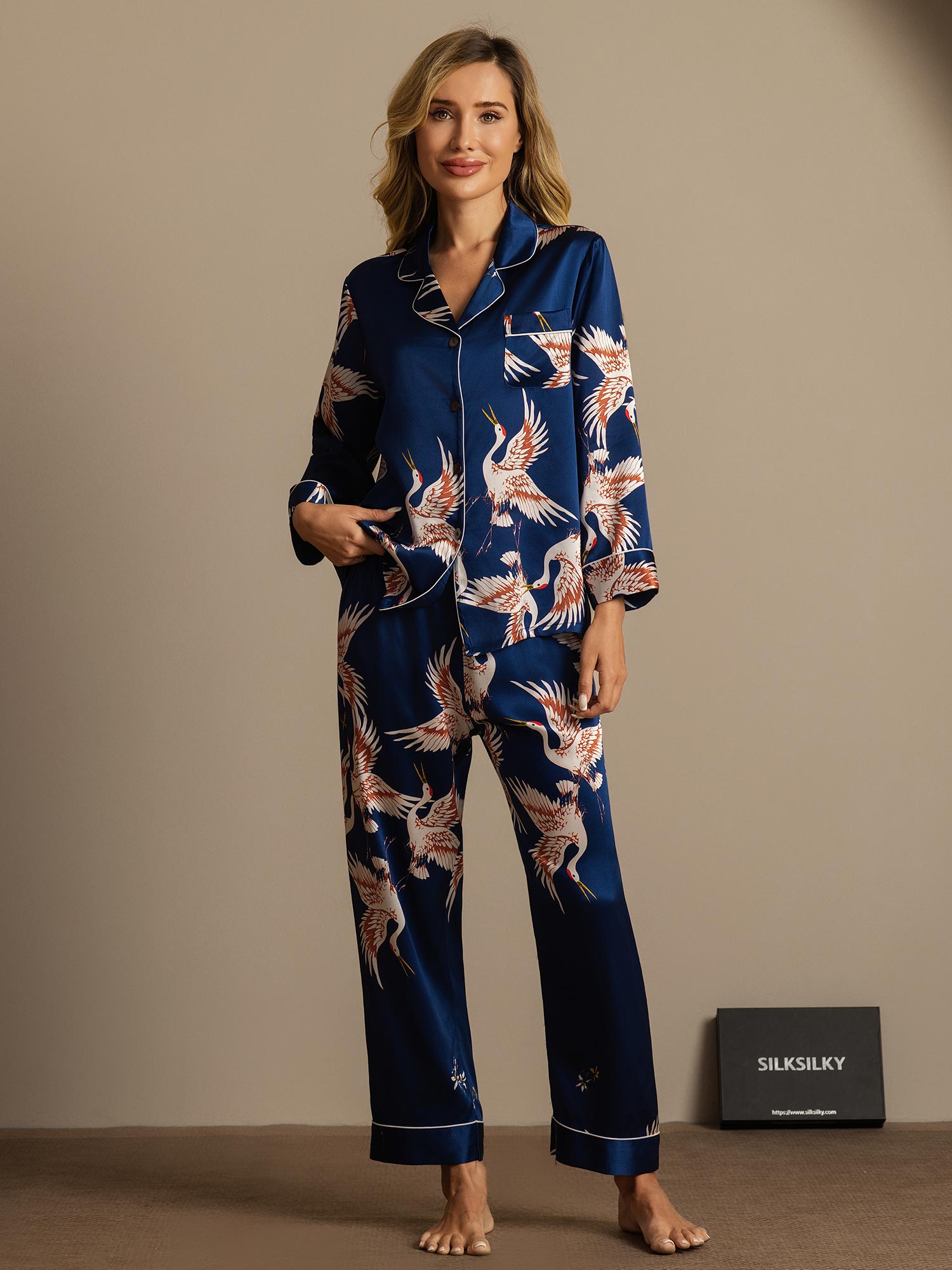 [Bleu Foncé] SilkSilky-FR 19Momme Pure Soie Womens Pajamas 007,