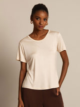 [Beige] SilkSilky-FR Manches courtes Col Rond Femme T-Shirt 005