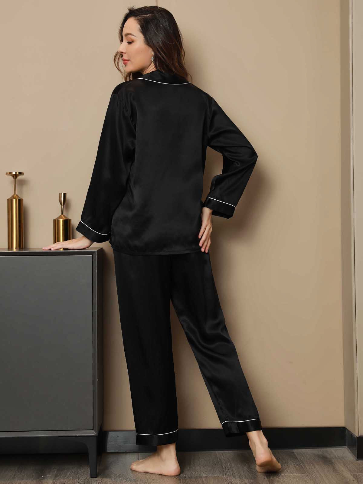 [Noir] SilkSilky-FR Manches longues Col Cranté Femme Pyjamas 002