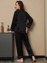 [Noir] SilkSilky-FR Long Sleeve Lapel Collar Femme Pyjamas 002