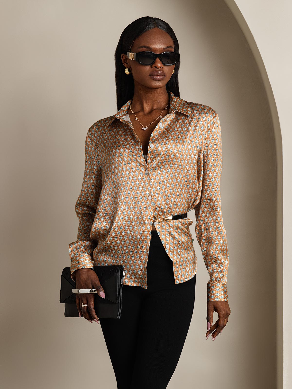 [Floral] SilkSilky-FR Manches longues Col Chemise Femme Chemise 006