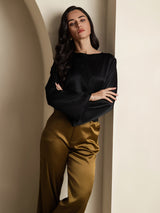 [Noir] SilkSilky-FR Long Sleeve Boat Neck Blouse 005