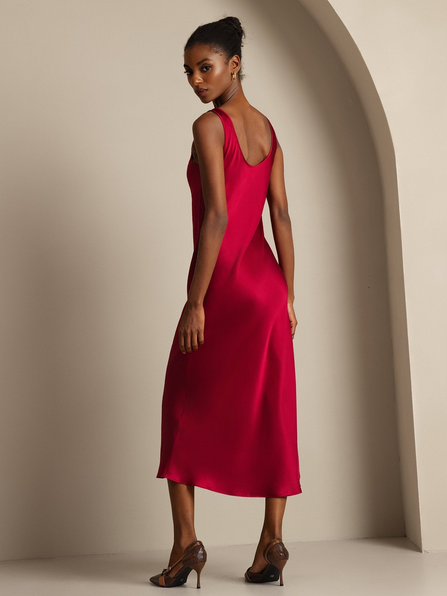 [Rouge Vineux] SilkSilky-FR Pure Soie Col Bateau Robes 002,