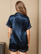 [Bleu Foncé] SilkSilky-FR Short Sleeve Lapel Collar Femme Pyjamas 002