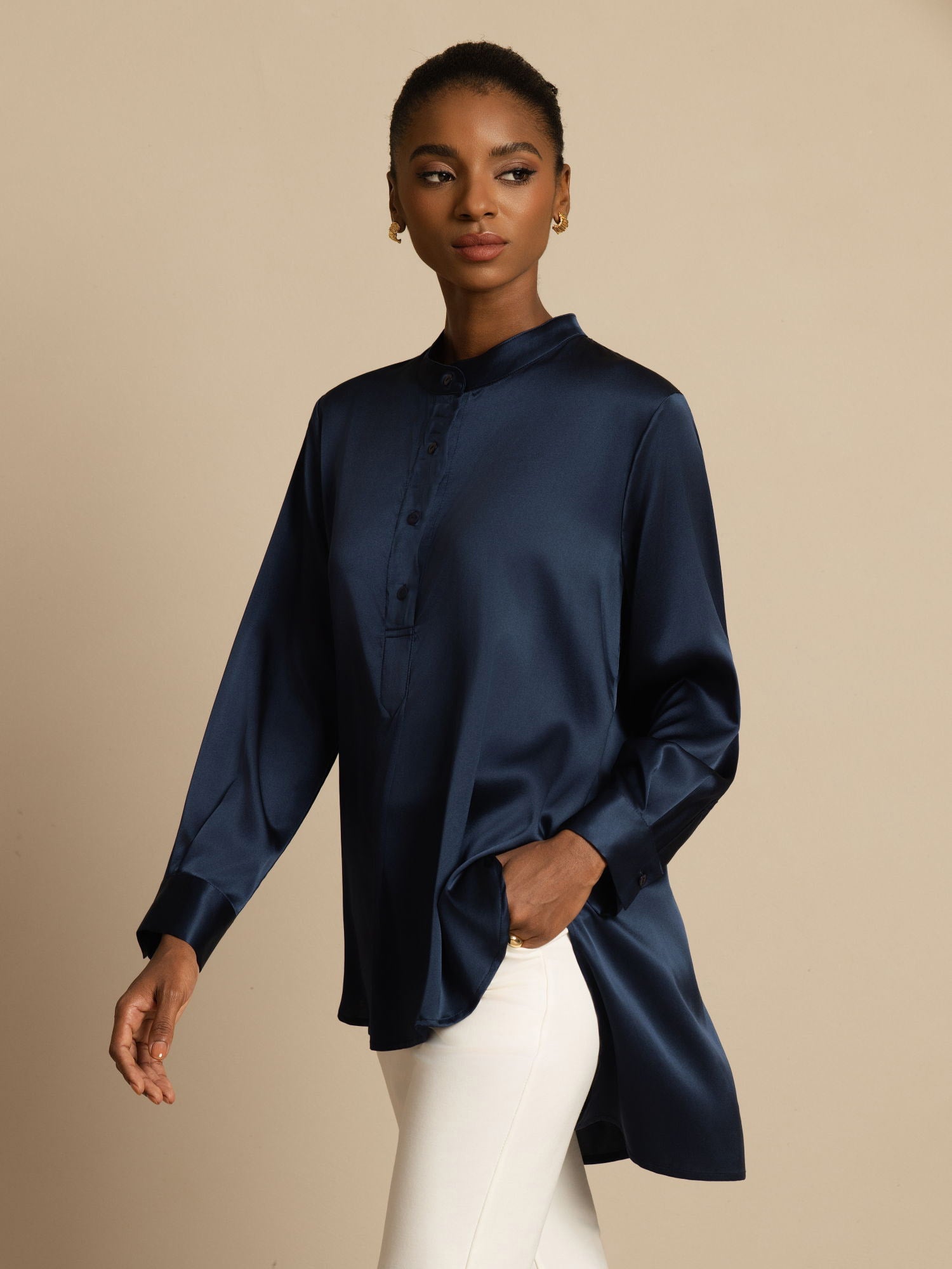 [Bleu Foncé] SilkSilky-FR 19Momme Soie Manches longues Col Montant Blouse 004