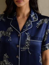 [Zèbre Bleu Marine] SilkSilky-FR Short Sleeve Lapel Collar Femme Pyjamas 004