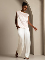 [Rose] SilkSilky-FR Cap Sleeve Round Neck Femme T-Shirt 004