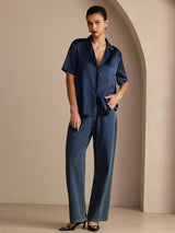 [Bleu Foncé] SilkSilky-FR Short Sleeve Notch Collar Femme Chemise 007