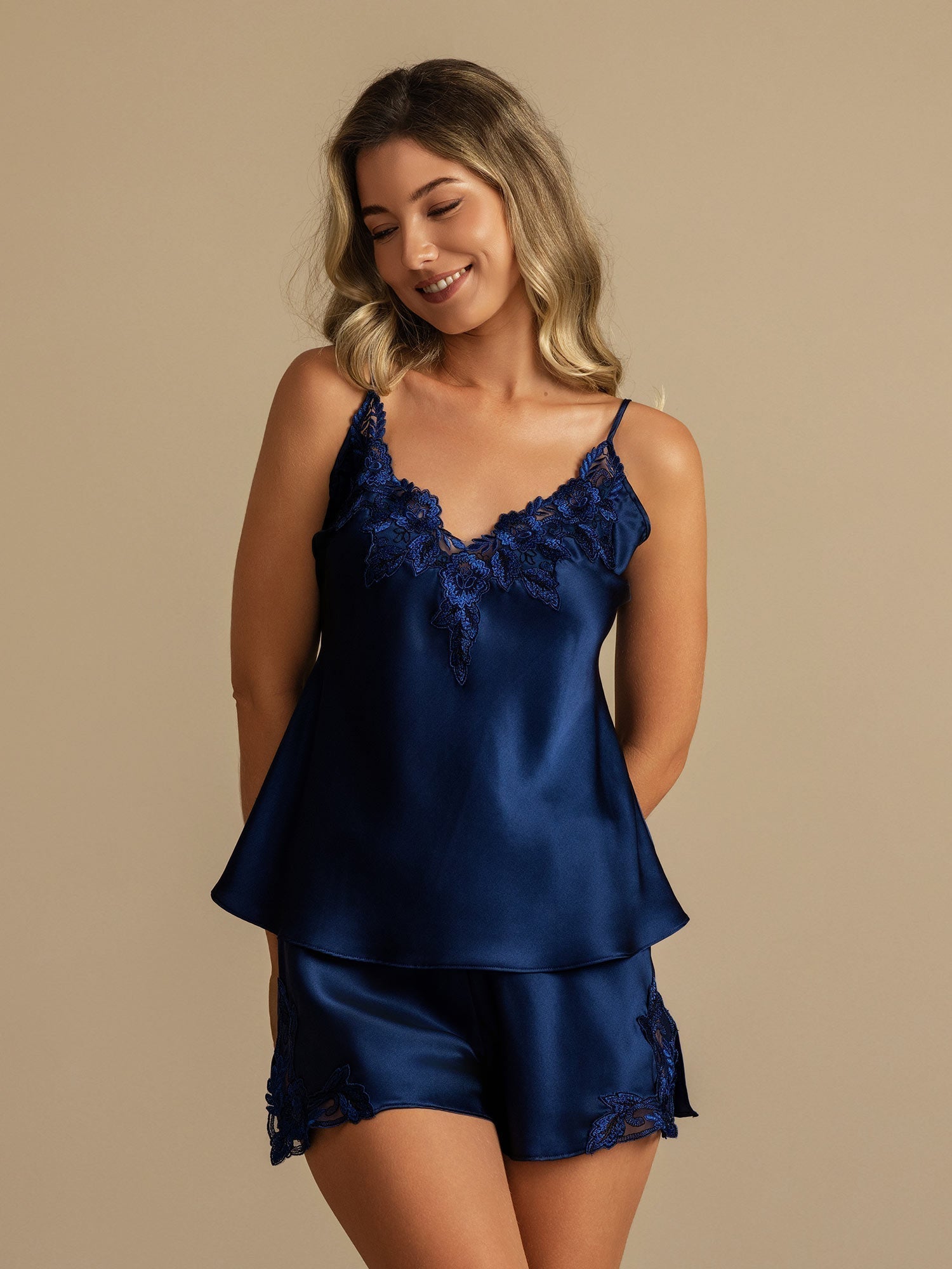 [Bleu Foncé] SilkSilky-FR Pure Soie Camisole Set 001,