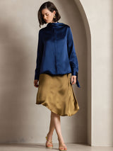 [Bleu Foncé] SilkSilky-FR Long Sleeve High Neck Blouse 003