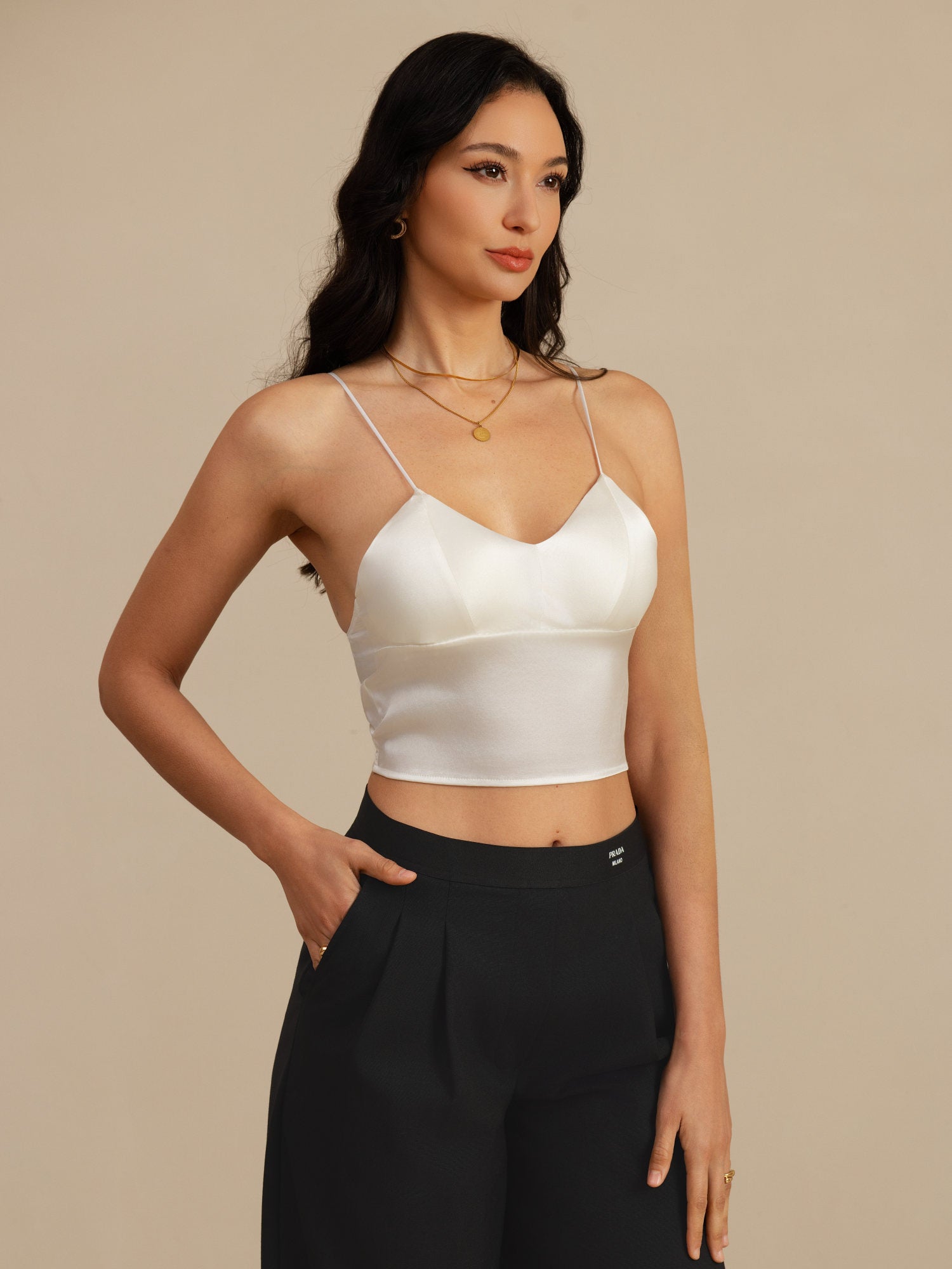 [Blanc] SilkSilky-FR Spaghetti Strap V Neck Top À Fines Brides 001