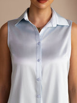 [Bleu Clair] SilkSilky-FR Sleeveless Lapel Collar Femme Chemise 004