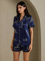 [Zèbre Bleu Marine] SilkSilky-FR Short Sleeve Lapel Collar Femme Pyjamas 003