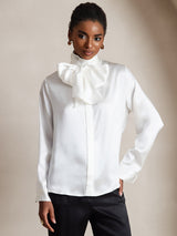 [Blanc] SilkSilky-FR Long Sleeve High Neck Blouse 003