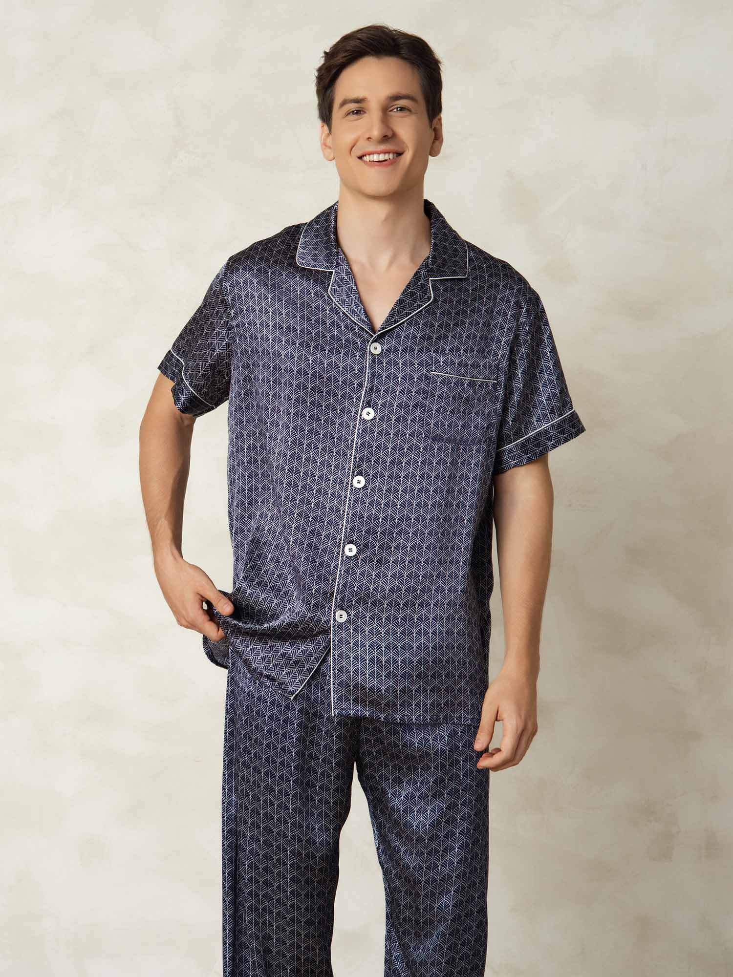 [GinkgoMarine] SilkSilky-FR Soie Col Chemise Homme Pyjamas 004