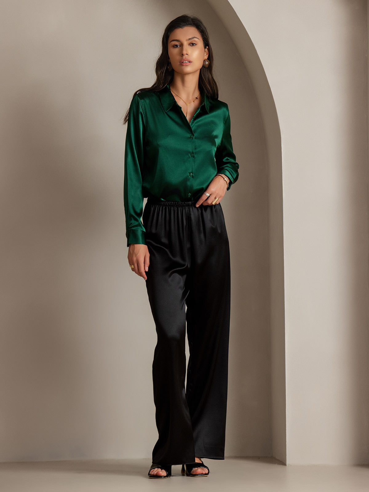 [Vert Foncé] SilkSilky-FR 19Momme Manches longues Col à Revers Femme Chemise 005