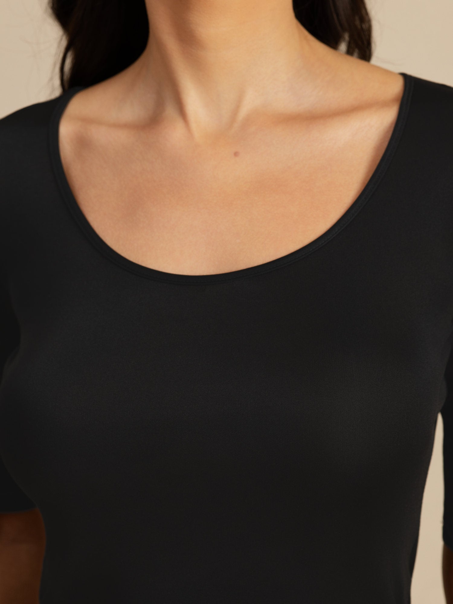 [Noir] SilkSilky-FR Manches mi-longues Encolure Dégagée Femme T-Shirt 006